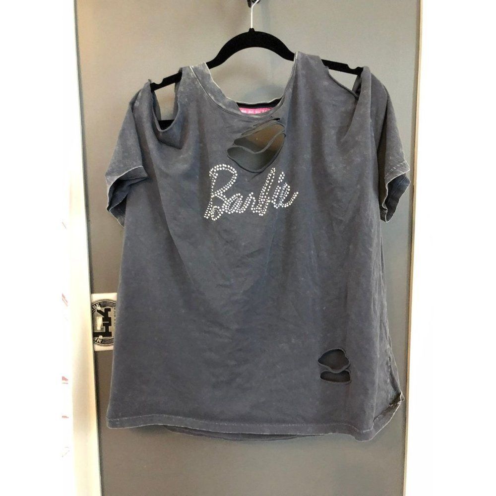 Torrid size 3 grey Barbie short sleeve shirt with slashing destressed